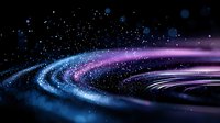 Cosmic swirl of blue and purple light trails with glowing particles and bokeh effects against dark background creates magical space atmosphere.