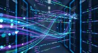 Digital data streams flowing through server room with programming code overlay and neon light trails creating futuristic technology visualization for IT concepts.