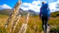 Hiker with backpack walking through golden grassland with mountain landscape. Outdoor adventure and trekking concept with focus on wild grass in foreground.