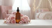 Amber glass dropper bottle with pink roses and cherry blossoms on white surface in cozy bedroom with fairy lights for skincare and aromatherapy.
