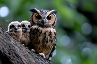 Great horned owl parent with two baby owlets perched together on tree branch against blurred green forest background, wildlife family portrait in natural habitat.
