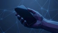Hand holding smartphone with glowing network connections in dark blue digital technology background for mobile communication and connectivity concepts.