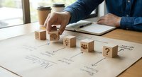 Business professional arranging wooden blocks with question marks and icons on strategic planning documents at office desk with coffee and laptop.