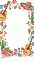 Watercolor Mexican fiesta frame with guitars, sombreros, maracas, trumpets, papel picado and cacti on white background for Cinco de Mayo celebration design.
