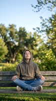Young woman in hoodie meditating peacefully on park bench with eyes closed, surrounded by green trees and natural sunlight for wellness and mindfulness content.