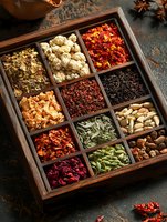 Wooden box with assorted dried herbs, spices, berries, nuts and tea ingredients on dark rustic background. Collection of natural cooking seasonings.