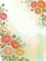 Watercolor ranunculus flowers frame with soft pastel background for wedding invitations, greeting cards and romantic design projects.