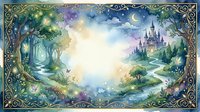 Watercolor fairy tale frame with enchanted forest, glowing castle, crescent moon, fairies, and ornate golden border. Copy space in center.
