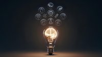 Glowing light bulb with brain filament and floating science icons on dark background representing innovation, creativity and scientific thinking.