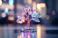 Crystal tree figurine with iridescent leaves glowing against blurred bokeh background, reflecting pink and blue hues on glossy surface. Decorative luxury concept.