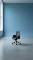 Modern office chair in minimalist interior with blue wall and concrete floor, suitable for corporate and workspace design projects.