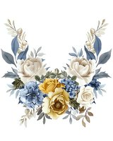 Elegant floral arrangement with white roses, yellow roses and dusty blue hydrangeas on isolated background. Romantic botanical composition with navy leaves.