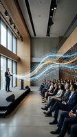 Business presenter with digital data streams speaking to corporate audience in modern conference hall with flowing light effects.