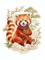 Red panda wearing decorative collar surrounded by ornamental Asian-inspired foliage, flowers, and botanical elements on isolated white background for design projects.