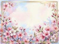 Watercolor cherry blossom frame with pink sakura flowers and golden border, soft pastel background with copy space for spring greeting cards.