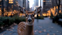 Young spotted deer in urban environment with city lights and buildings in background at dusk, wildlife adaptation to metropolitan areas.