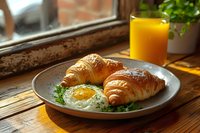 Fresh croissants with fried egg and herbs on plate beside orange juice glass on wooden table near window for breakfast dining concept.