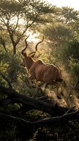Majestic kudu antelope with spiral horns standing on fallen tree trunk in golden sunset light through African savanna wilderness for wildlife photography.