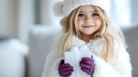 Young blonde girl in white winter outfit and knit hat holding gift box with purple mittens, expressing joy and excitement during holiday season.