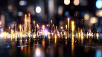 Glowing sound wave visualization with colorful light bars reflecting on dark surface against blurred city lights background.