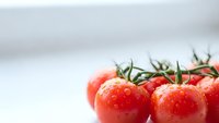 Fresh ripe red tomatoes with water droplets on vine against white background for healthy cooking and organic food concepts.