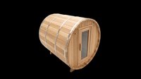 Wooden barrel sauna with metal bands and glass door, isolated on transparent background. Ready for design use on t-shirts, clipart, stickers, and print-on-demand products.