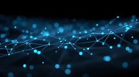 Glowing blue network connections with bokeh lights floating in dark space, abstract technology background for digital transformation and connectivity concepts.