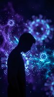 Male scientist silhouette analyzing virus molecules with glowing purple and blue particles in cosmic space background for medical research presentations.