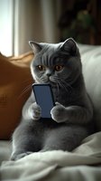 Gray British Shorthair cat holding smartphone while lying on couch, looking at screen with curious expression. Modern pet lifestyle concept for social media and tech.