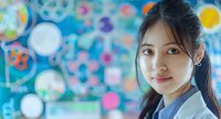 Young Asian woman with gentle smile against blurred colorful bokeh background in blue tones, wearing business attire with natural makeup and ponytail hairstyle.