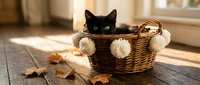 Black cat with striking green eyes peeking over woven basket rim on wooden floor with autumn leaves, perfect for pet and seasonal content.