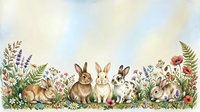 Young rabbits and hares gathered among wildflowers and ferns in a pastoral meadow setting. Suitable for children's books, nursery decor, and springtime designs.