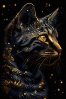 Mystical cat profile with golden ornamental patterns and glowing particles on black background, decorated with magical butterflies and floral elements.
