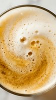 Overhead view of freshly poured lager beer in a glass with golden foam, bubbles, and carbonation visible against white background. Perfect for beverage, brewery, and pub design projects.