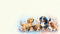 Adorable puppy dogs of different breeds sitting together with floral decorations, cute pet illustration for children's products and animal lovers.
