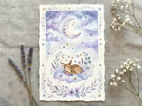 Watercolor nursery art with sleeping fox on purple clouds under crescent moon and stars for baby room decor and children illustration projects.