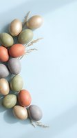 Colorful speckled Easter eggs in pastel tones arranged with dried wheat stalks on soft blue background with copy space for spring holiday greeting cards.