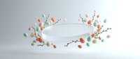 White podium surrounded by decorative branches with colorful spheres on clean background for product display and branding presentations.