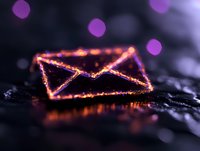 Glowing neon envelope icon on dark background with purple bokeh lights, digital communication concept for email marketing and newsletter designs.