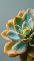 Close-up macro shot of colorful succulent plant with blue-green leaves and orange edges against soft gray background for botanical design projects.