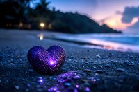 Sparkling purple heart on sandy beach at twilight with ocean waves and tropical coastline creating romantic atmosphere for love concepts and Valentine designs.