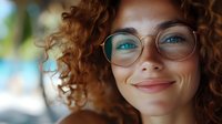 Young woman with curly ginger hair and glasses smiling warmly at camera, wearing turquoise eye makeup. Natural soft bokeh background creates positive cheerful mood.