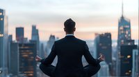 Businessman in suit meditating in lotus position on rooftop overlooking urban cityscape with skyscrapers during sunset, back view showing work-life balance concept.