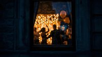 Silhouettes of couple dancing behind window with warm fairy lights creating romantic atmosphere for wedding celebration or date night decor.