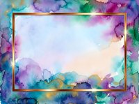 Watercolor ink wash frame with vibrant rainbow colors, isolated on white background, ready for design projects, invitations, and creative layouts.