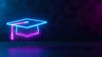 Neon graduation cap glowing in blue and pink lights against dark starry background for education and achievement concepts.