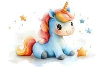 Adorable baby unicorn with peach and orange mane sitting among golden stars on white background, watercolor style illustration for nursery art and children decor.