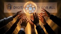 Business team hands reaching toward glowing digital sphere with technology icons representing collaboration, innovation and digital transformation goals.