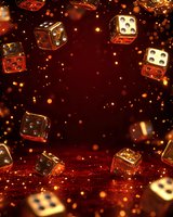 Glowing golden dice floating in dark red space with magical sparkles and bokeh lights creating mystical casino atmosphere for gambling and gaming concepts.