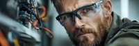 Focused Caucasian male technician with beard and safety glasses examining complex electronic equipment in industrial workshop setting.